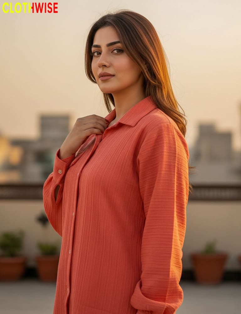 Urbanex – Western 2-Piece Lycra Coral Co-Ord Set by Clothwise - Pakistani Women Pret | CLOTHWISE