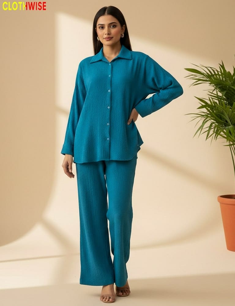 women wearing cyan color western style lycra co-ord set by clothwise