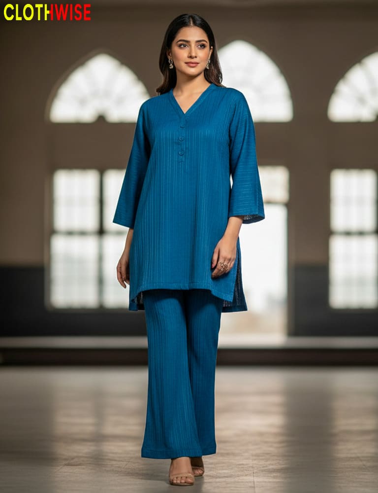 Urbanex – Western 2-Piece Lycra Cyan Co-Ord Set by Clothwise - Pakistani Women Pret | CLOTHWISE
