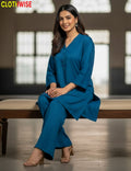 Urbanex – Western 2-Piece Lycra Cyan Co-Ord Set by Clothwise - Pakistani Women Pret | CLOTHWISE