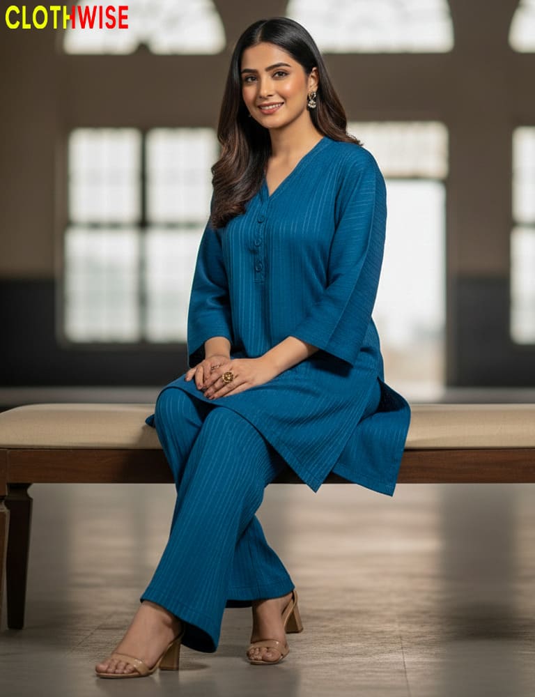 Urbanex – Western 2-Piece Lycra Cyan Co-Ord Set by Clothwise - Pakistani Women Pret | CLOTHWISE