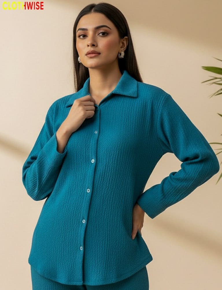 women wearing cyan color co-ord set western style lycra co-ord set by clothwise