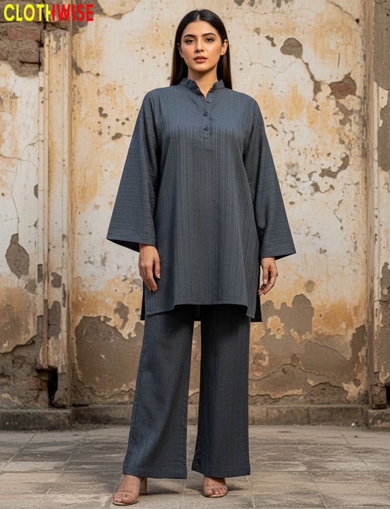 Urbanex – Western 2-Piece Lycra Grey Co-Ord Set by Clothwise - Pakistani Women Pret | CLOTHWISE