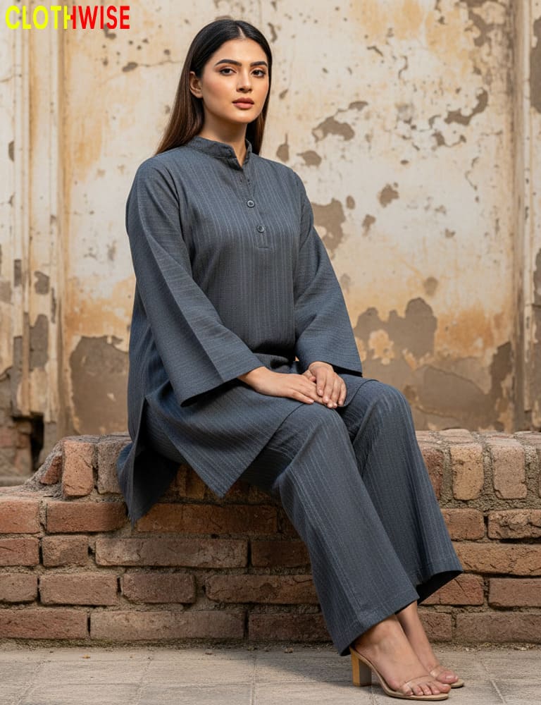 Urbanex – Western 2-Piece Lycra Grey Co-Ord Set by Clothwise - Pakistani Women Pret | CLOTHWISE