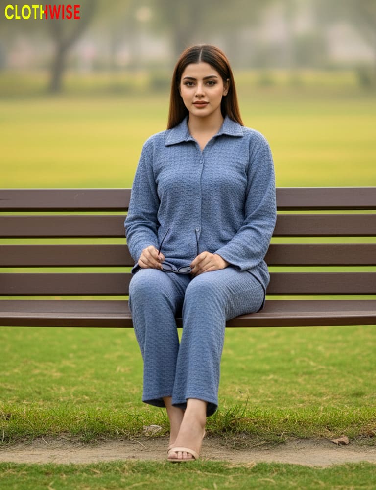 Woman in a blue outfit sitting on a bench in a park with 'CLOTHWISE' branding.