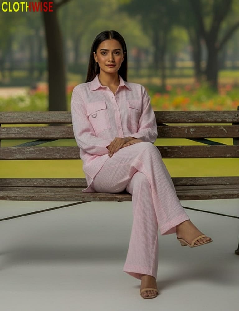 Woman in a pink outfit sitting on a bench with a blurred outdoor background
