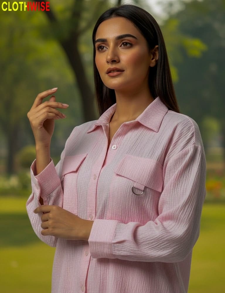 Woman wearing a pink shirt with a blurred green outdoor background