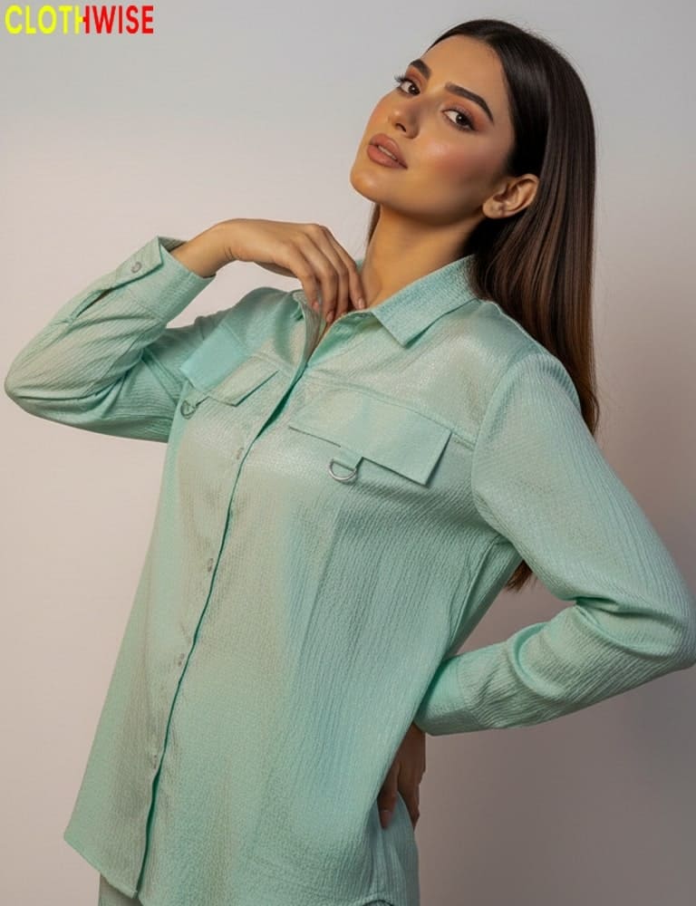 Woman wearing a light green shirt with a plain background