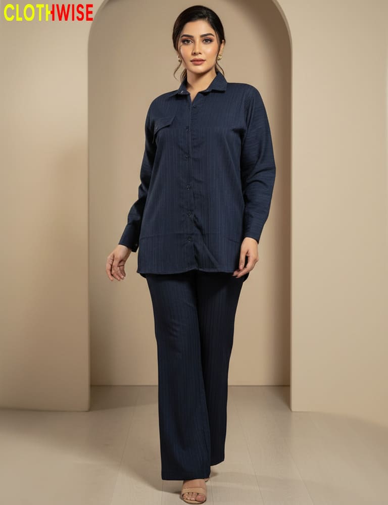 Urbanex – Western 2-Piece Lycra Navy Co-Ord Set by Clothwise - Pakistani Women Pret | CLOTHWISE