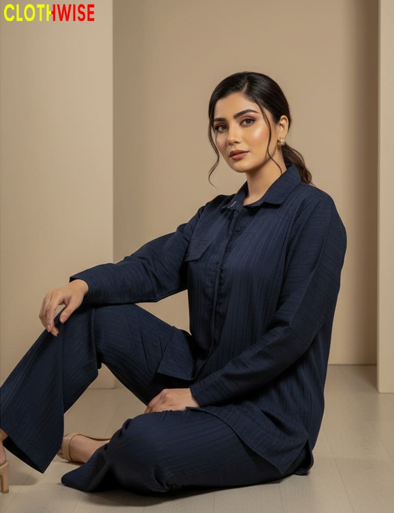 Urbanex – Western 2-Piece Lycra Navy Co-Ord Set by Clothwise - Pakistani Women Pret | CLOTHWISE