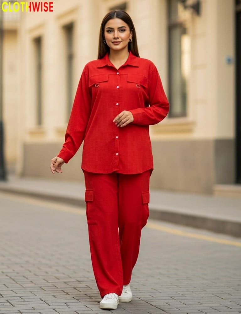 Woman wearing a red outfit walking on a street with 'CLOT WISE' branding.