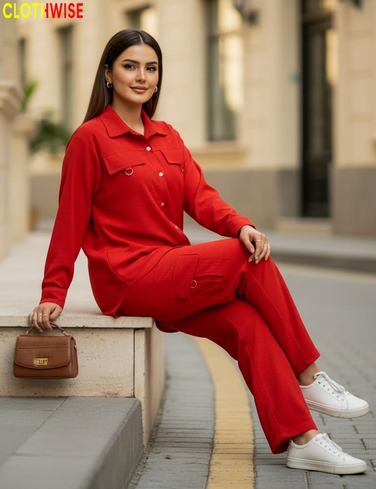 Woman in a red outfit sitting on a bench with a brown handbag.