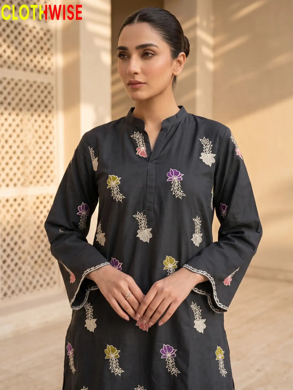 Khushi embroidered cotton suit in Malaysian Black - embroidery closeup