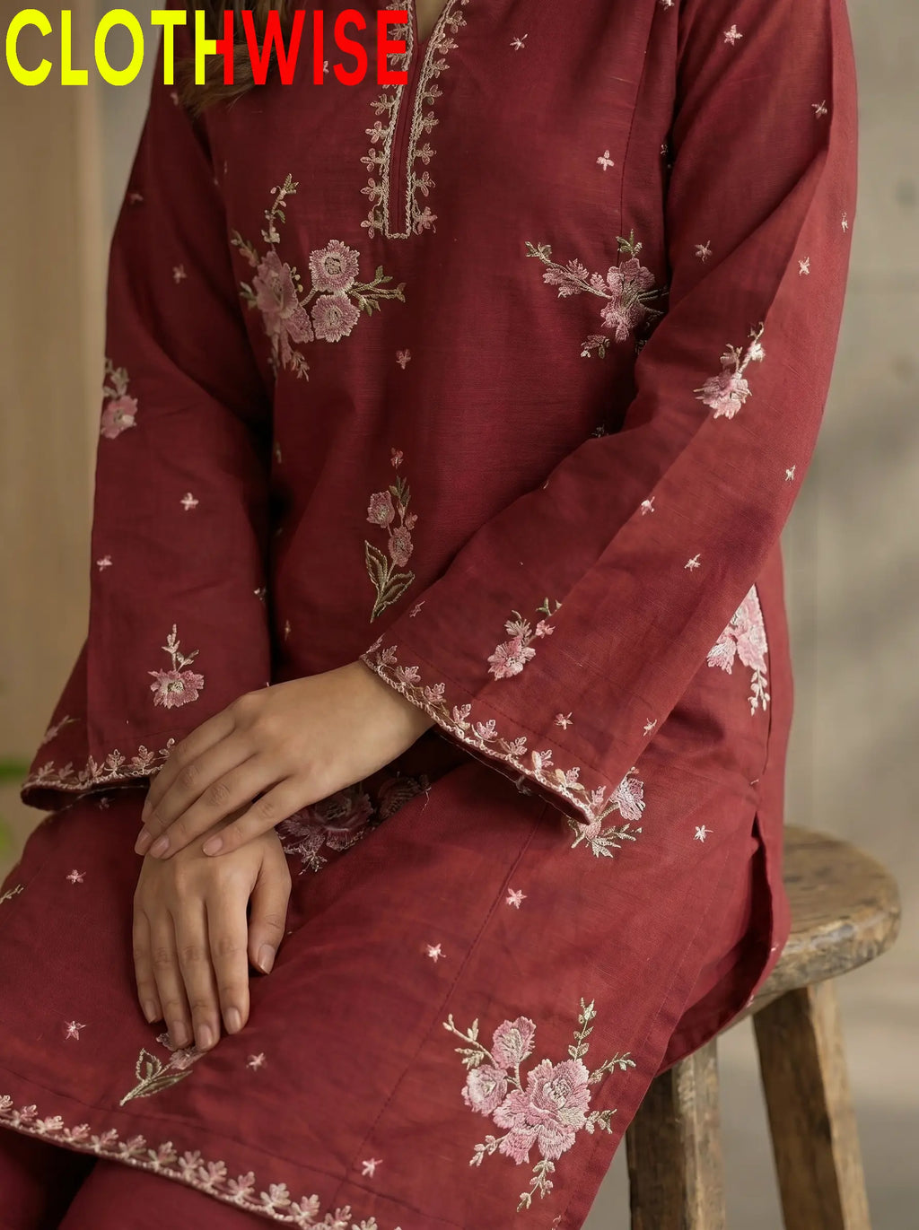Marias 2-Piece Printed Co-ord Suit Maroon Closeup – Sequin Embroidered Stitched Women Suit by Clothwise