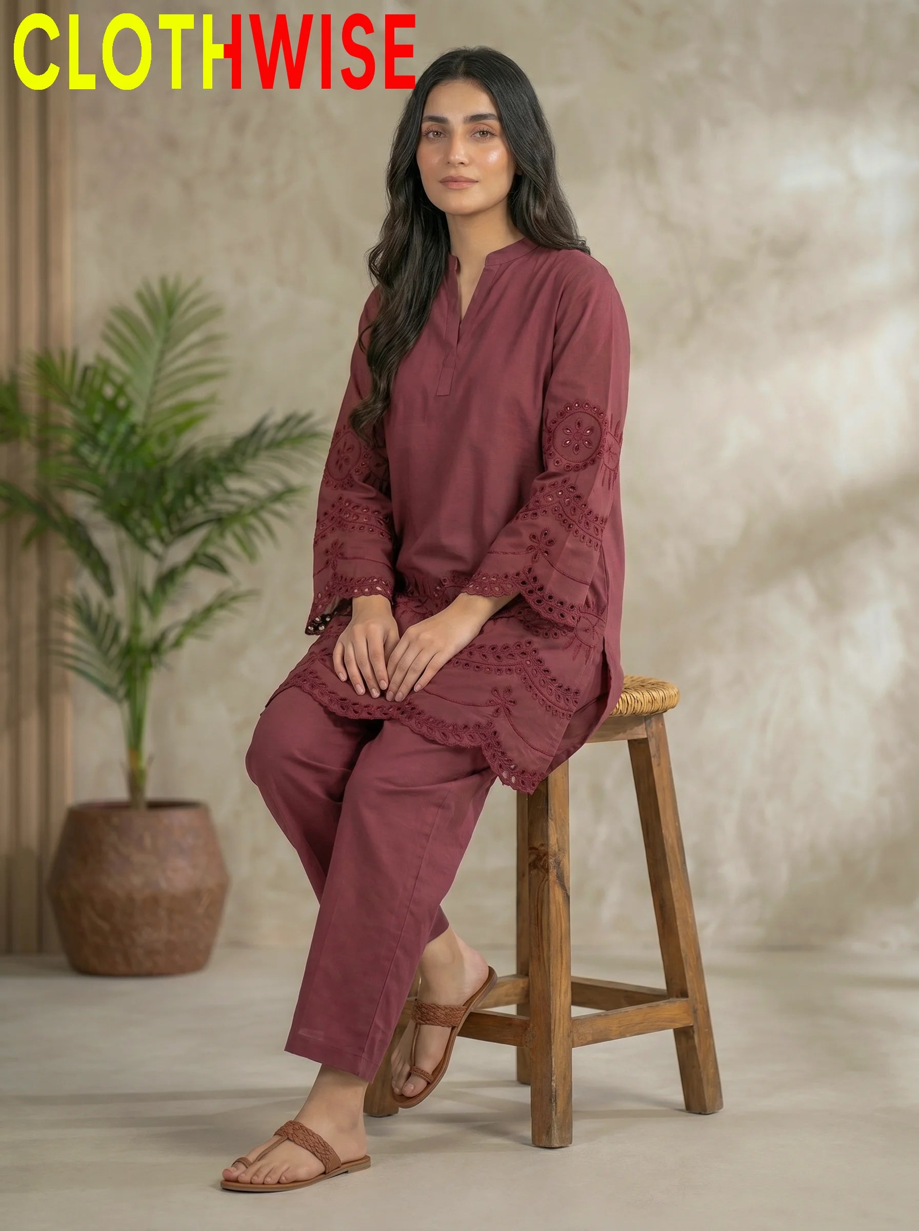 CottonCut Maroon Cotton Lawn Suit – Sitting Pose