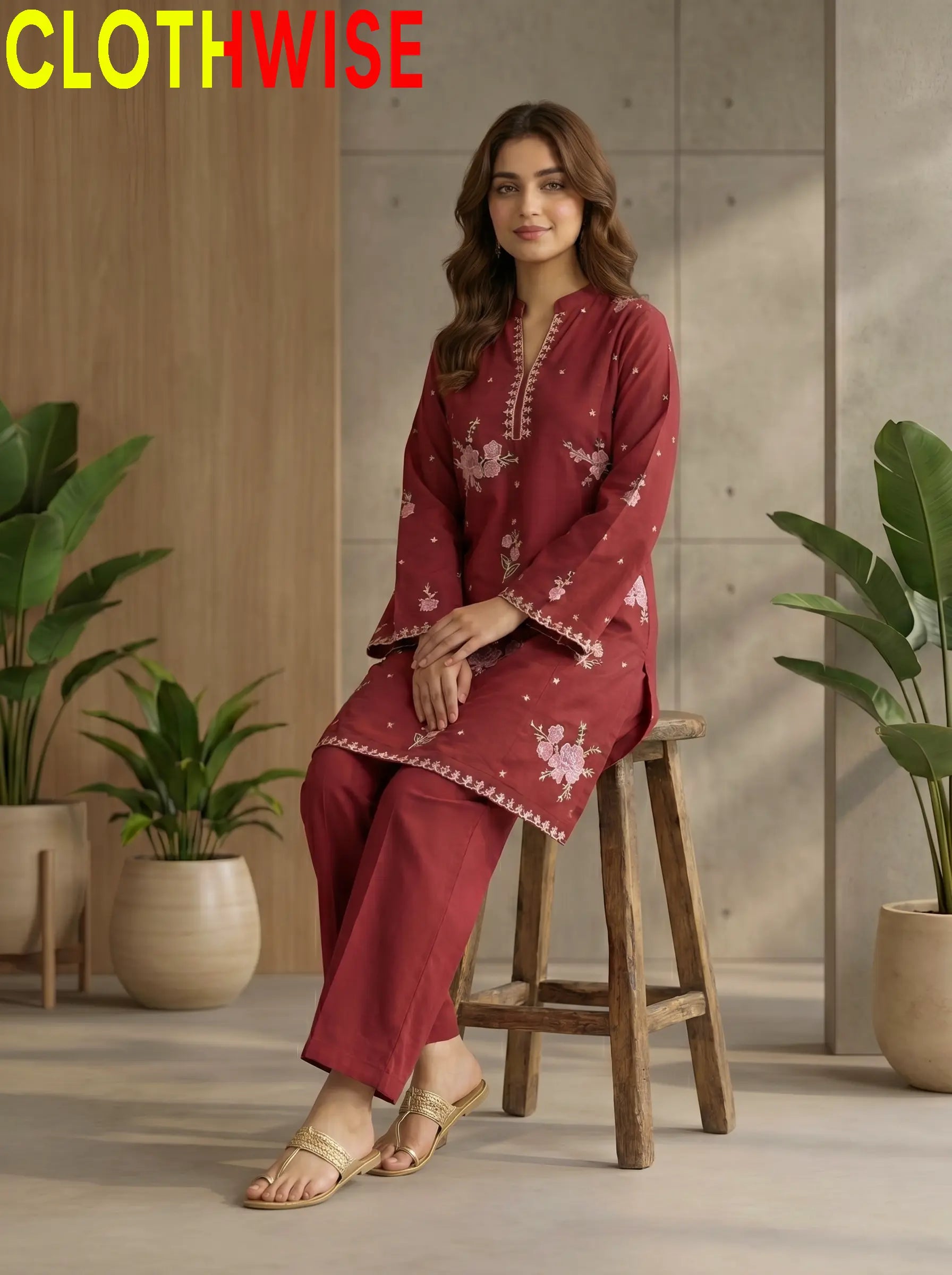 Marias 2-Piece Printed Co-ord Suit Maroon Sitting – Bottom Flapper Sequin Embroidery by Clothwise