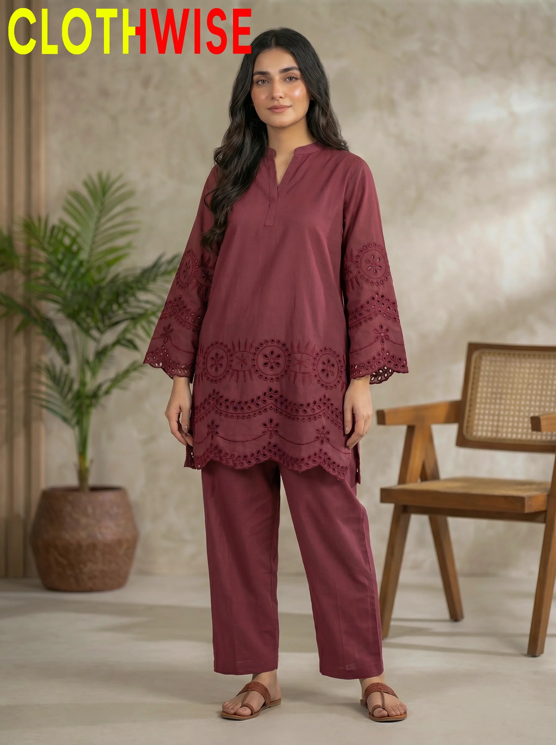 CottonCut Maroon Unstitched Lawn Suit – Standing Full Length View