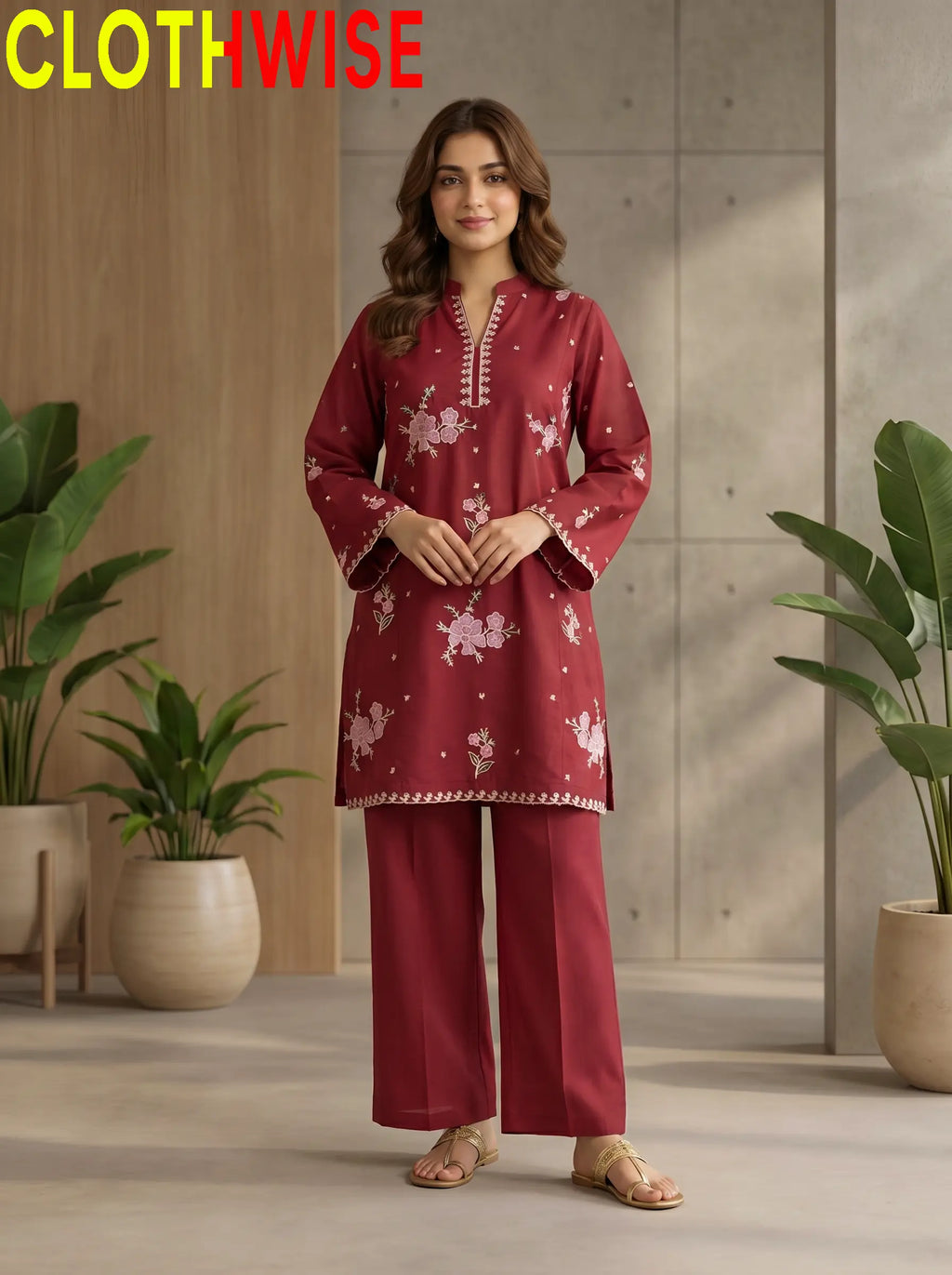 Marias 2-Piece Printed Co-ord Suit Maroon Standing – Stitched Cotton Women Suit by Clothwise