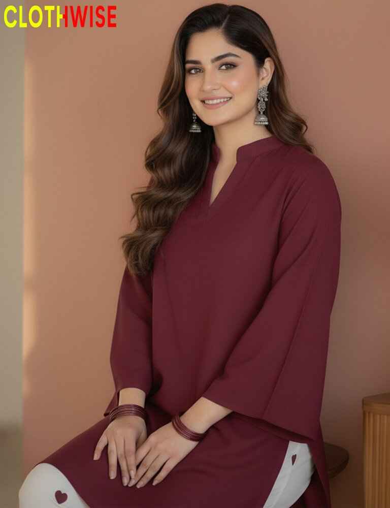 Woman wearing a maroon outfit with 'CLOTHWISE' branding in the corner.