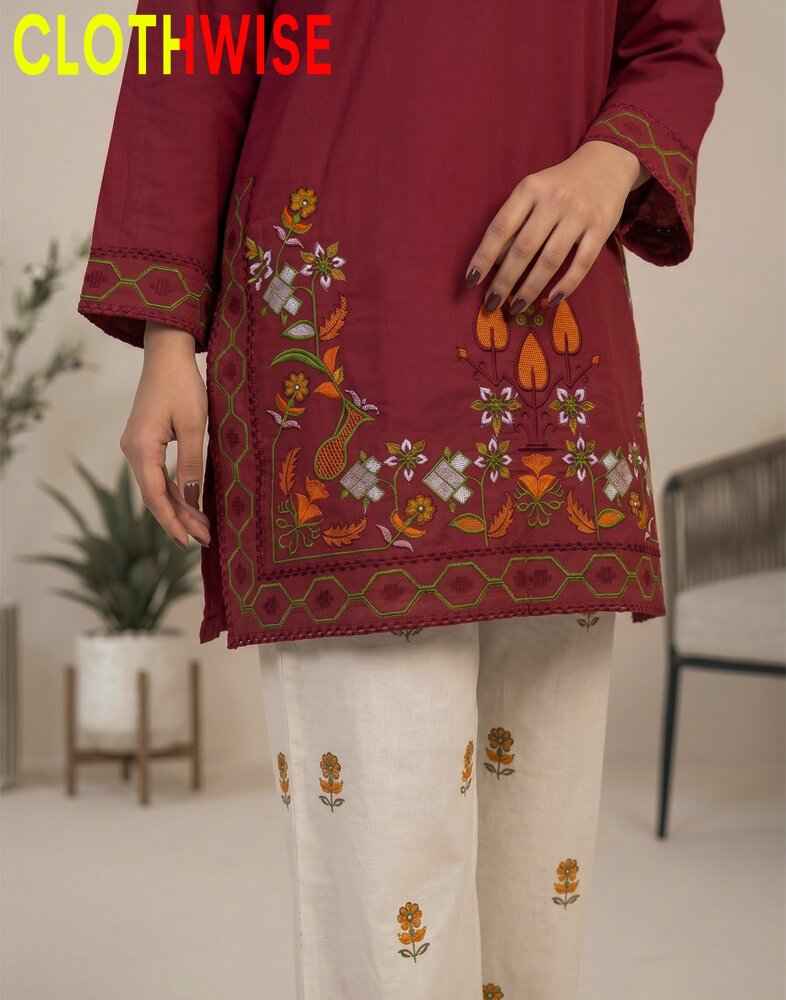 Maroon embroidered top with white pants, brand 'Clothwise' visible