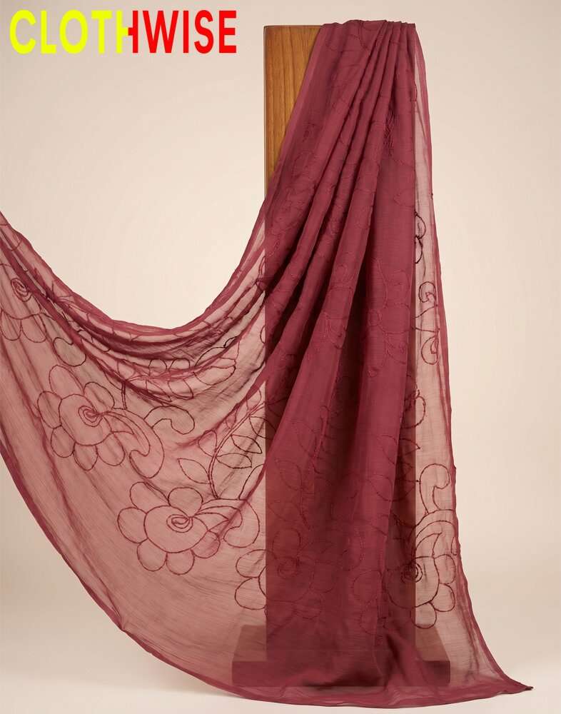 Red floral embroidered scarf draped over a wooden rod on a beige background with 'CLOTHWISE' branding.