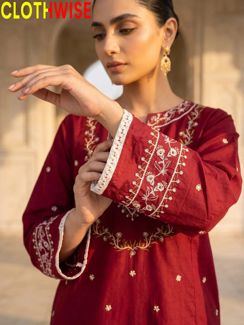 Noor Maroon Crimson Red Embroidered Cotton Suit - Embroidery Closeup