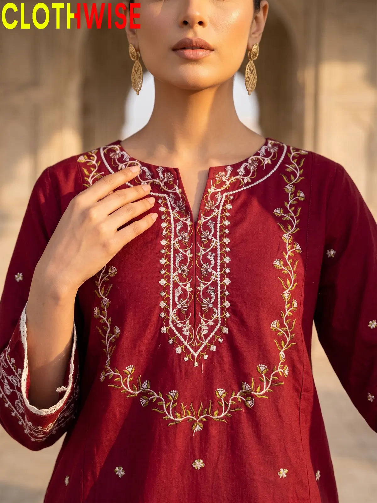 Noor Maroon Crimson Red Embroidered Cotton Suit - Neckline Closeup