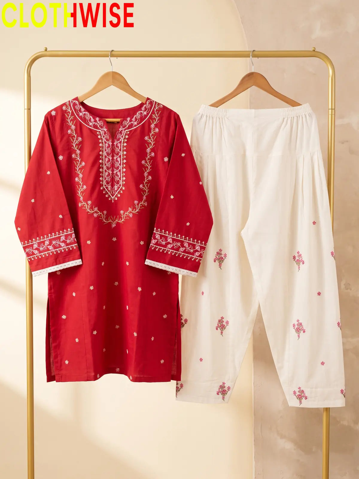 Noor Maroon Crimson Red Embroidered Cotton Suit - Hanger View