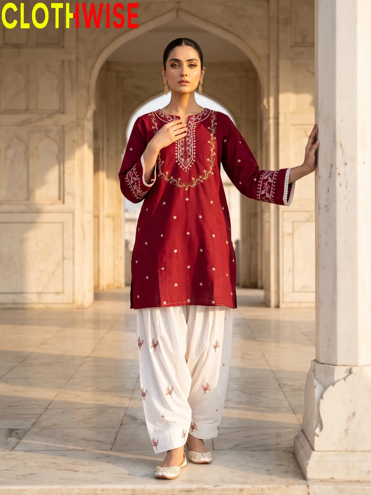 Noor Maroon Crimson Red Embroidered Cotton Suit - Standing View