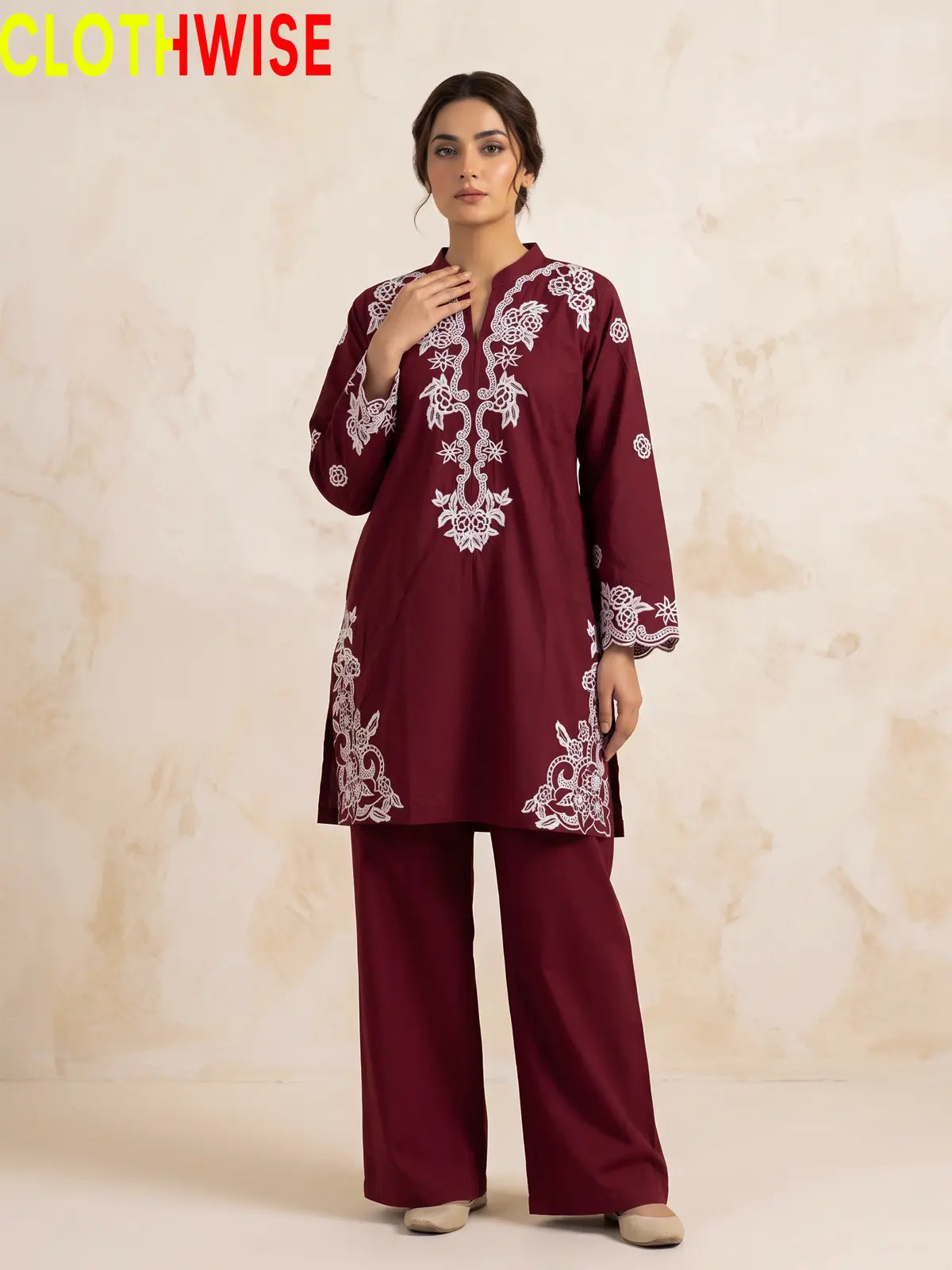 Muskaan Maroon Embroidered 2-Piece Cotton Suit – Front View