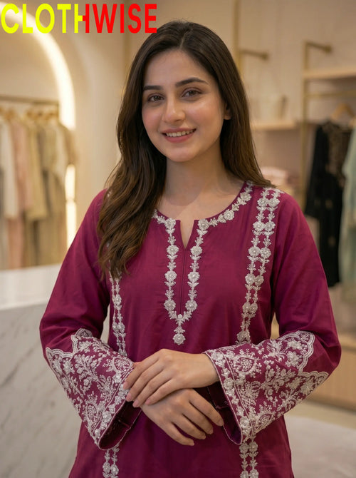 Aina Cotton 2-Piece Embroidered Suit | Maroon | Stitched Co-ord Set
