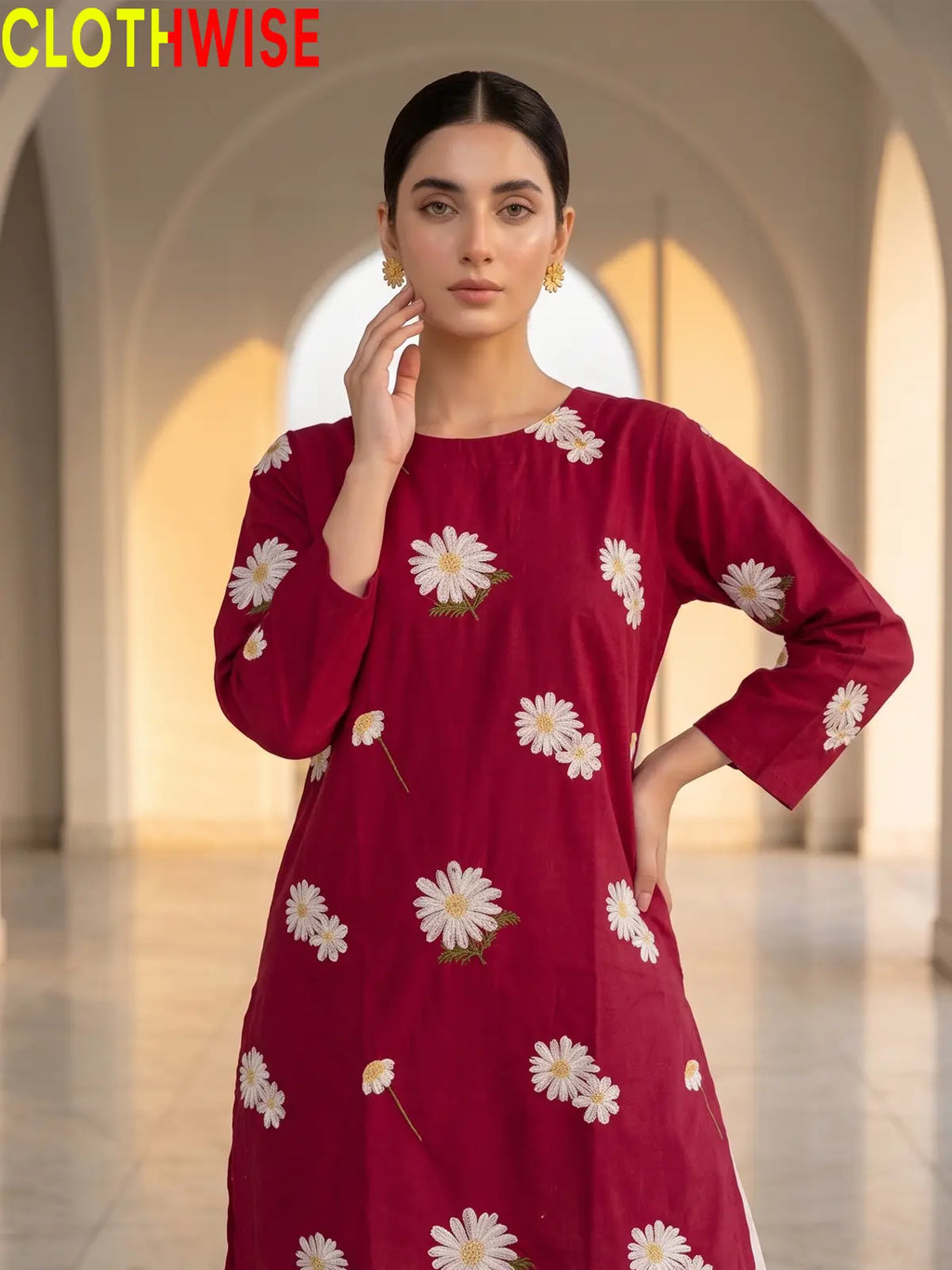 Daisy Maroon embroidered cotton suit - close up embroidery detail - CLOTHWISE