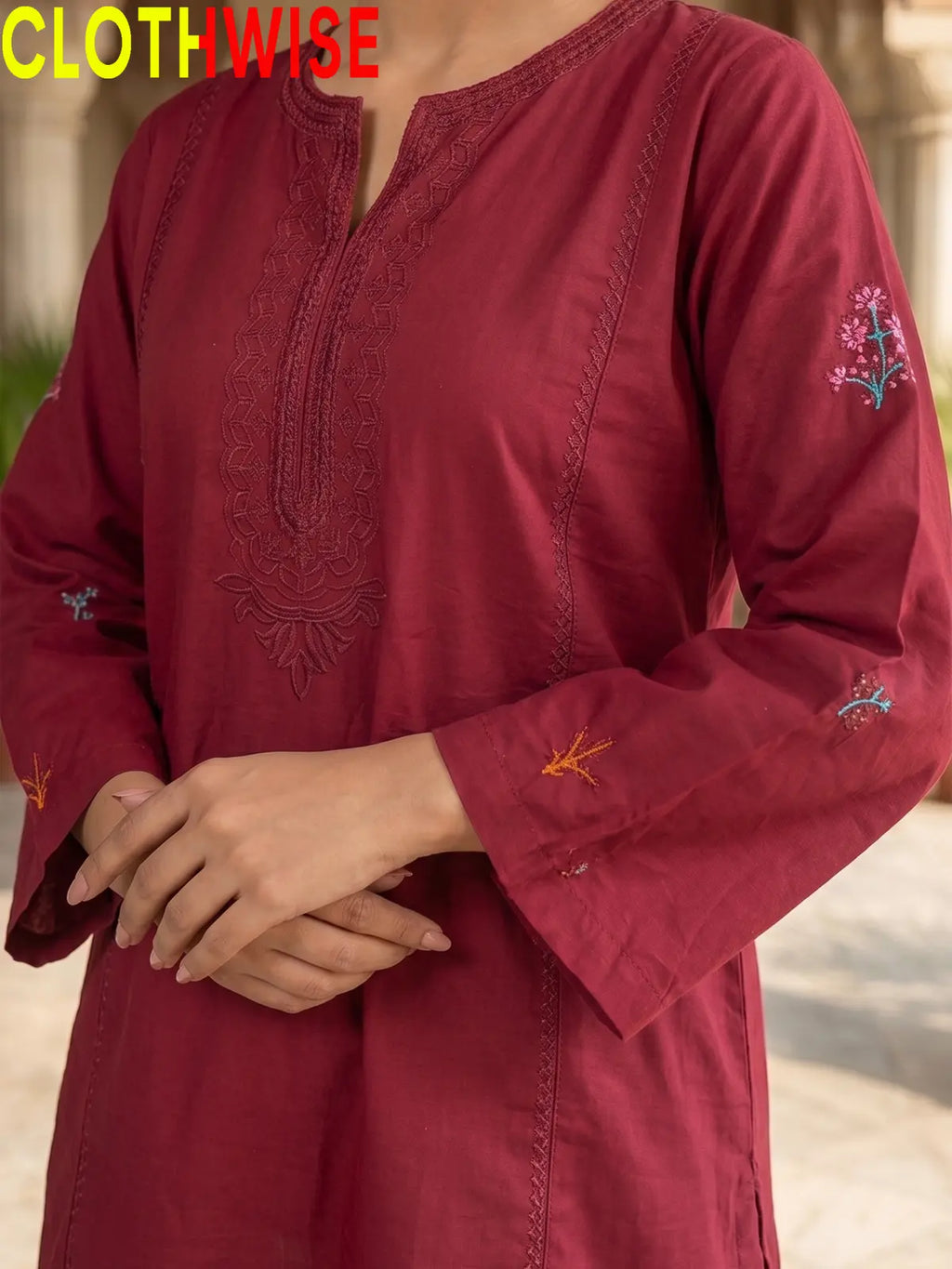 Anaya Maroon 2-piece embroidered cotton suit - close-up of neckline embroidery