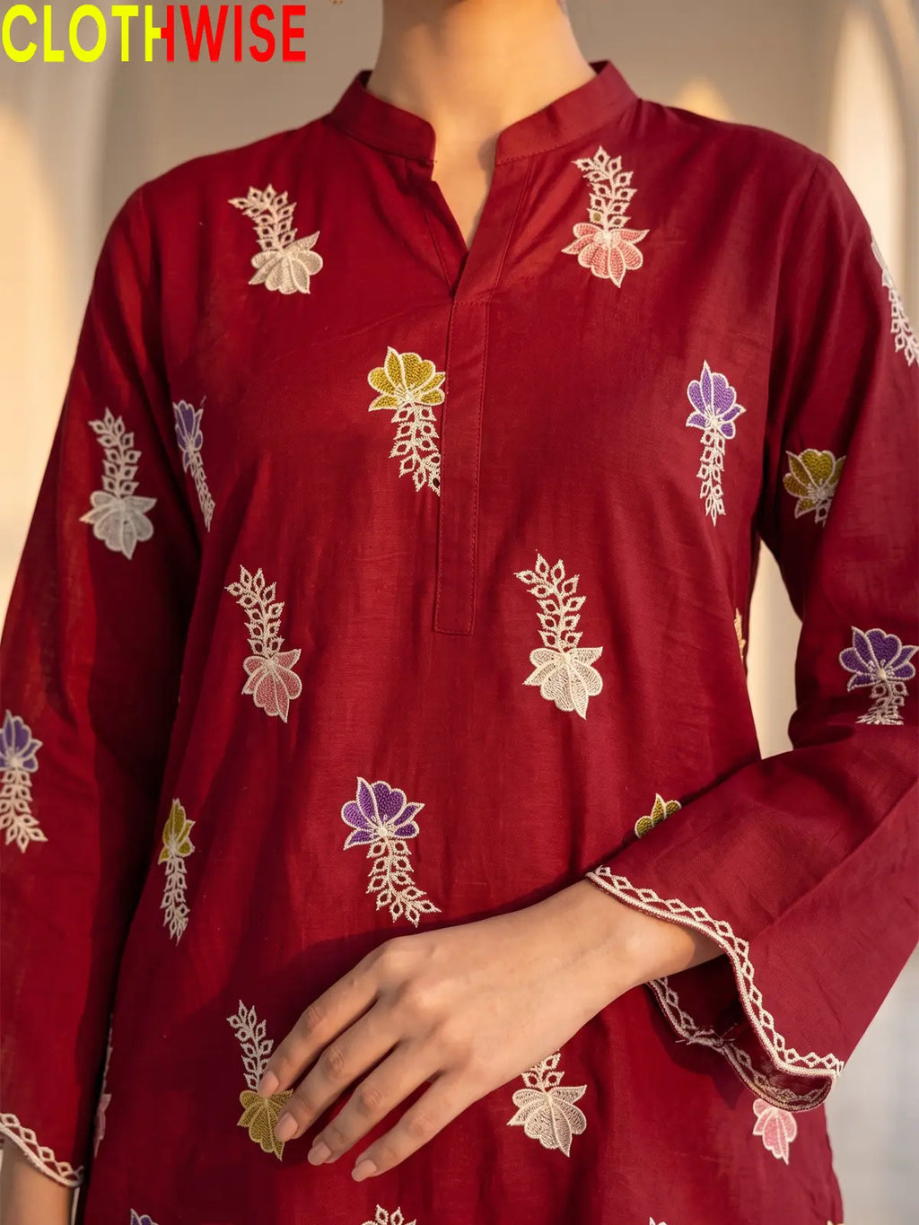Khushi embroidered cotton suit in Maroon - embroidery closeup
