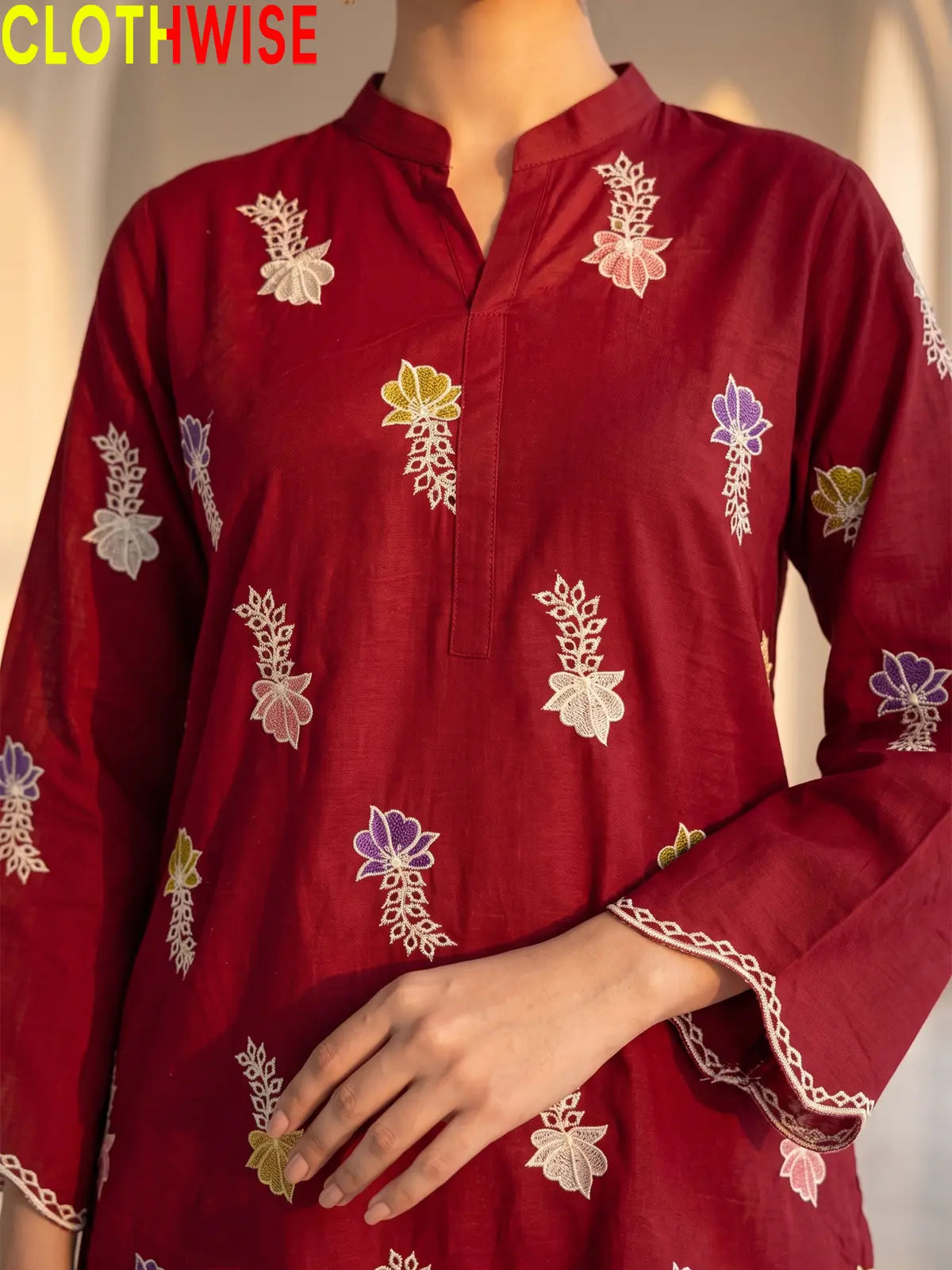 Khushi embroidered cotton suit in Maroon - embroidery closeup