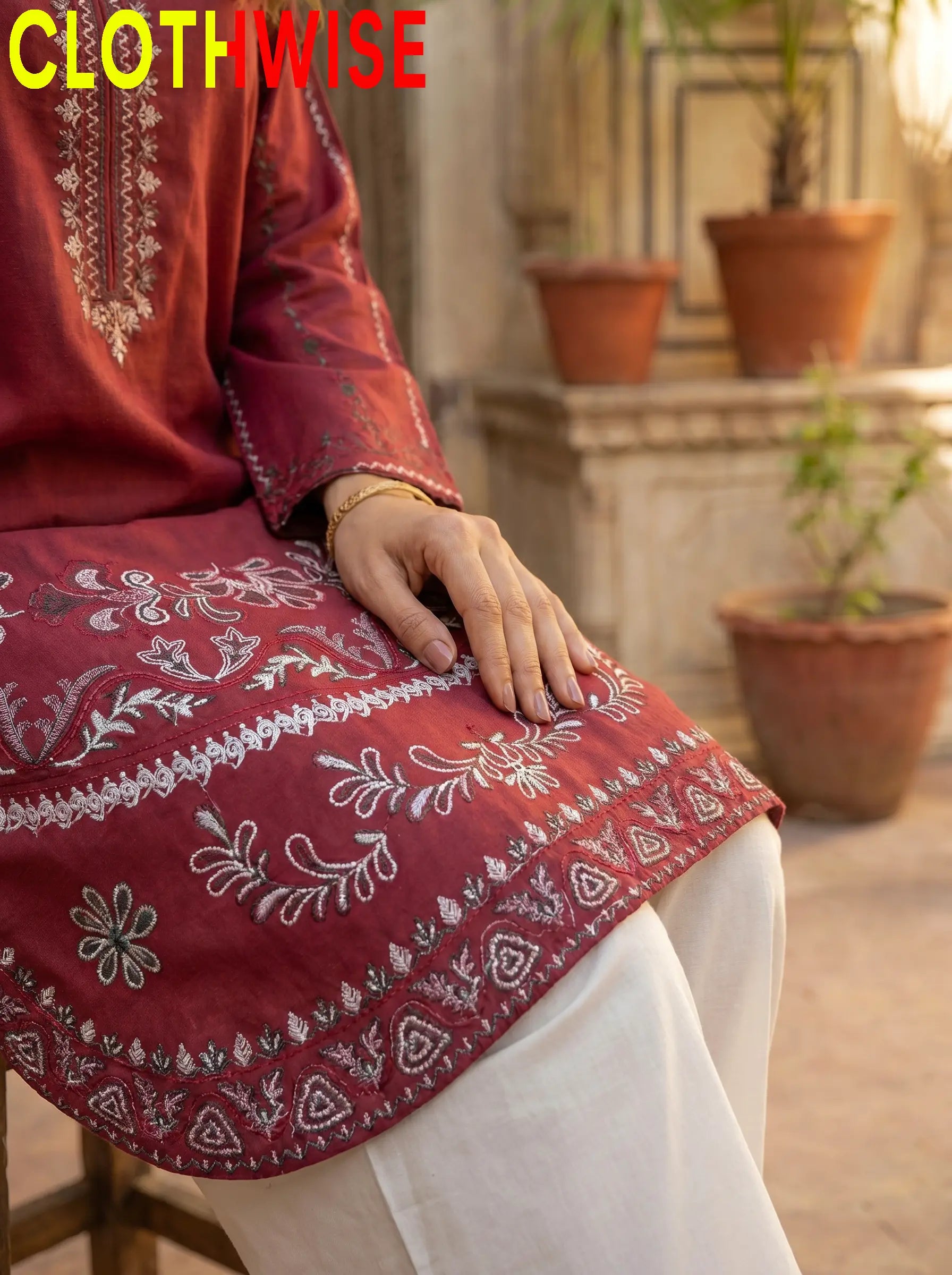 Naqsh Maroon Cotton Suit Closeup Embroidery Detail - Clothwise
