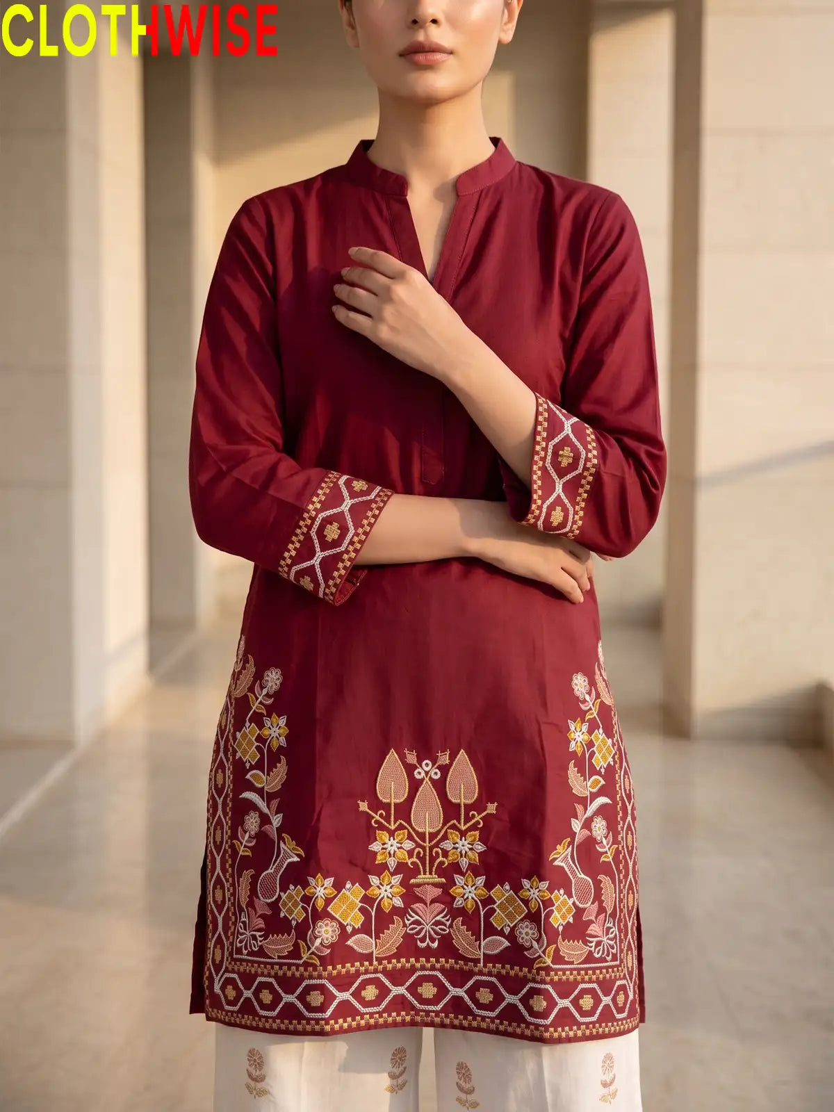 Shajar Maroon embroidered cotton suit embroidery close-up