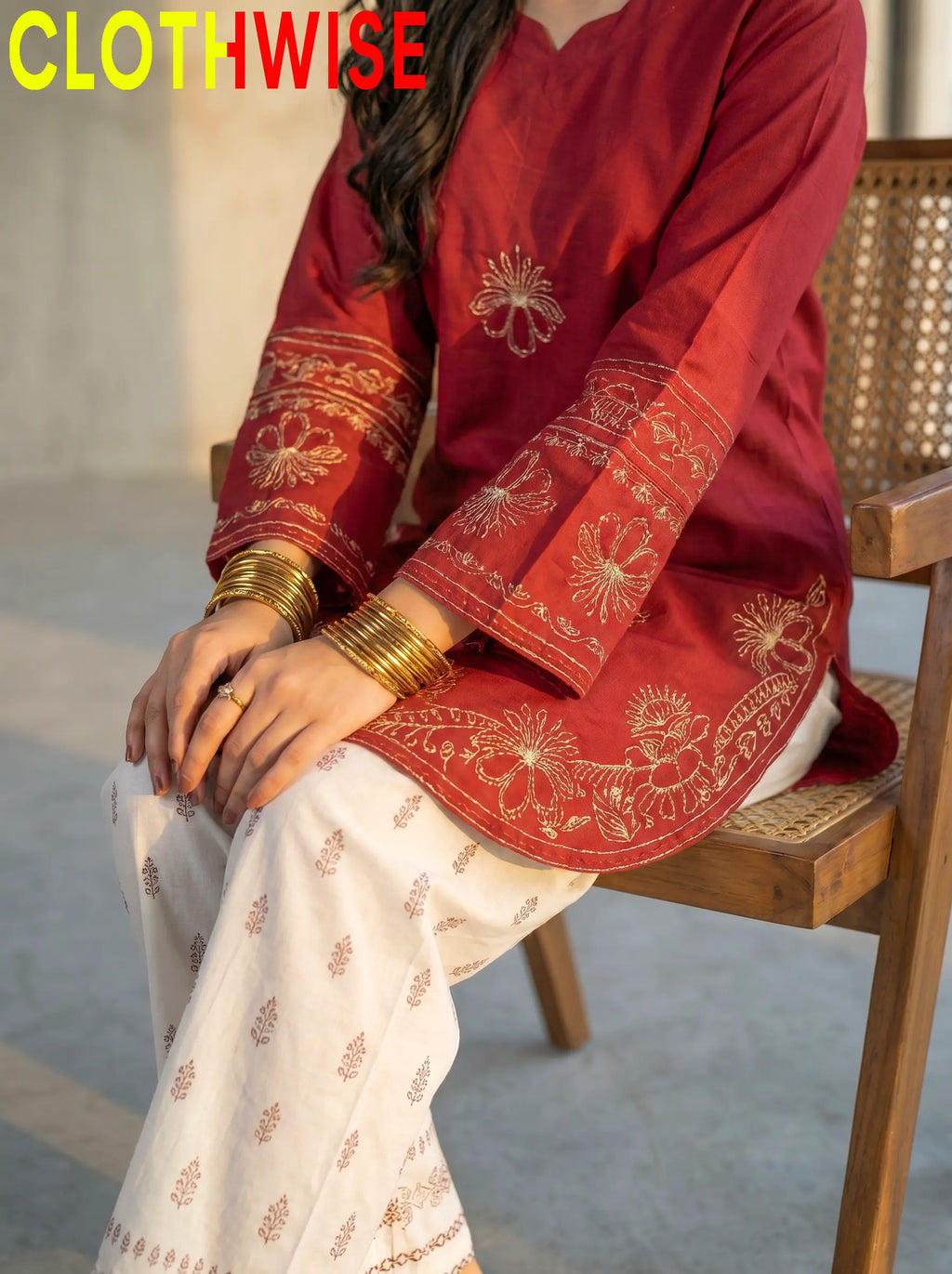 Petal Maroon Cotton Stitched 2-Piece Suit Closeup Detail – Bottom Flapper | Clothwise