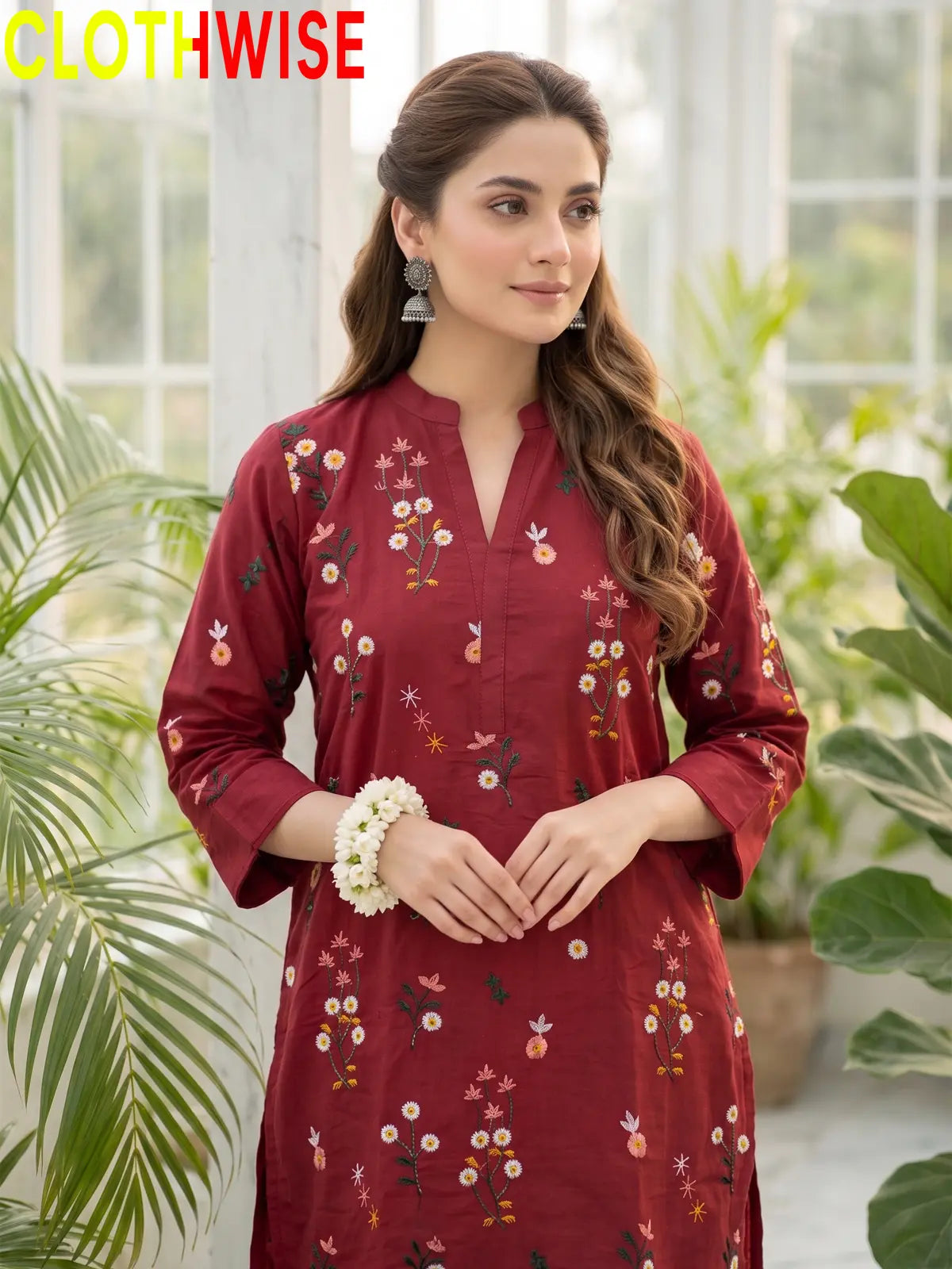 Nargiz embroidered 2-piece cotton suit in Maroon - embroidery closeup