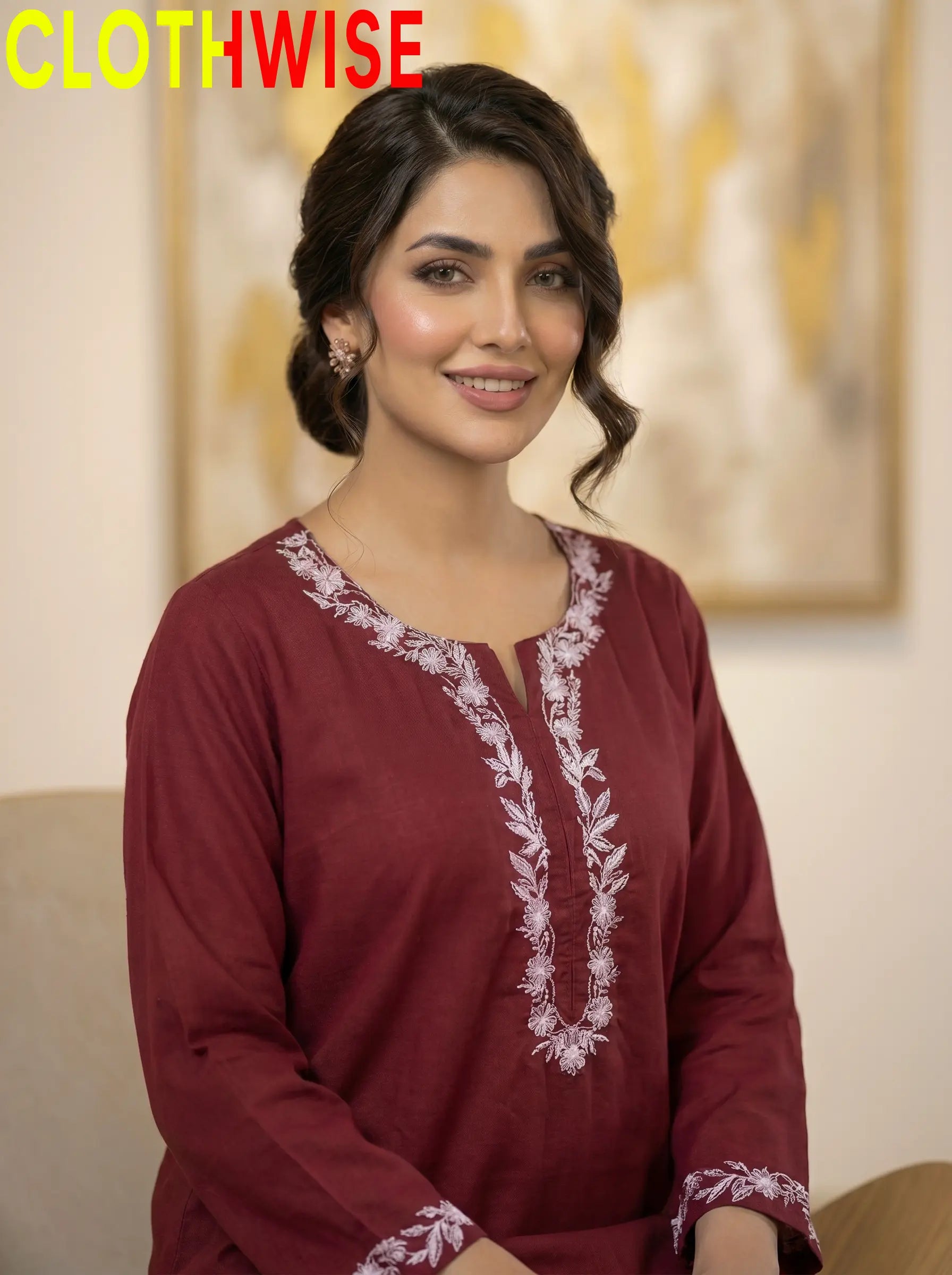 Naqsh Maroon Embroidered Cotton Co-ord Set Close-up Embroidery Detail – Clothwise