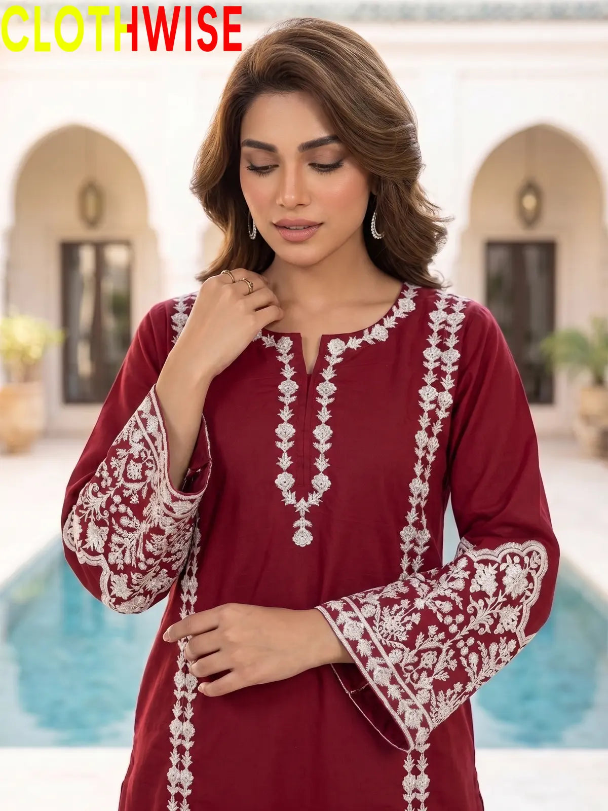 Aina Maroon 2 Piece Embroidered Cotton Suit with Flapper Bottom by Clothwise
