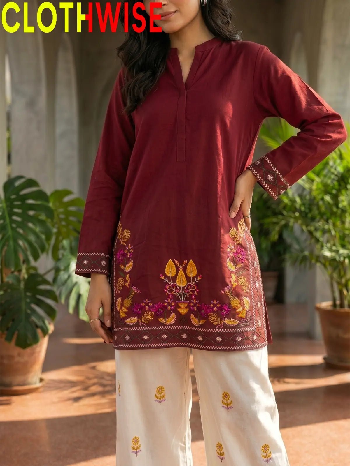 Shajar – Maroon 2-Piece Stitched Cotton Suit | Embroidered Top & Bottom with Flapper - Pakistani Women Pret | CLOTHWISE