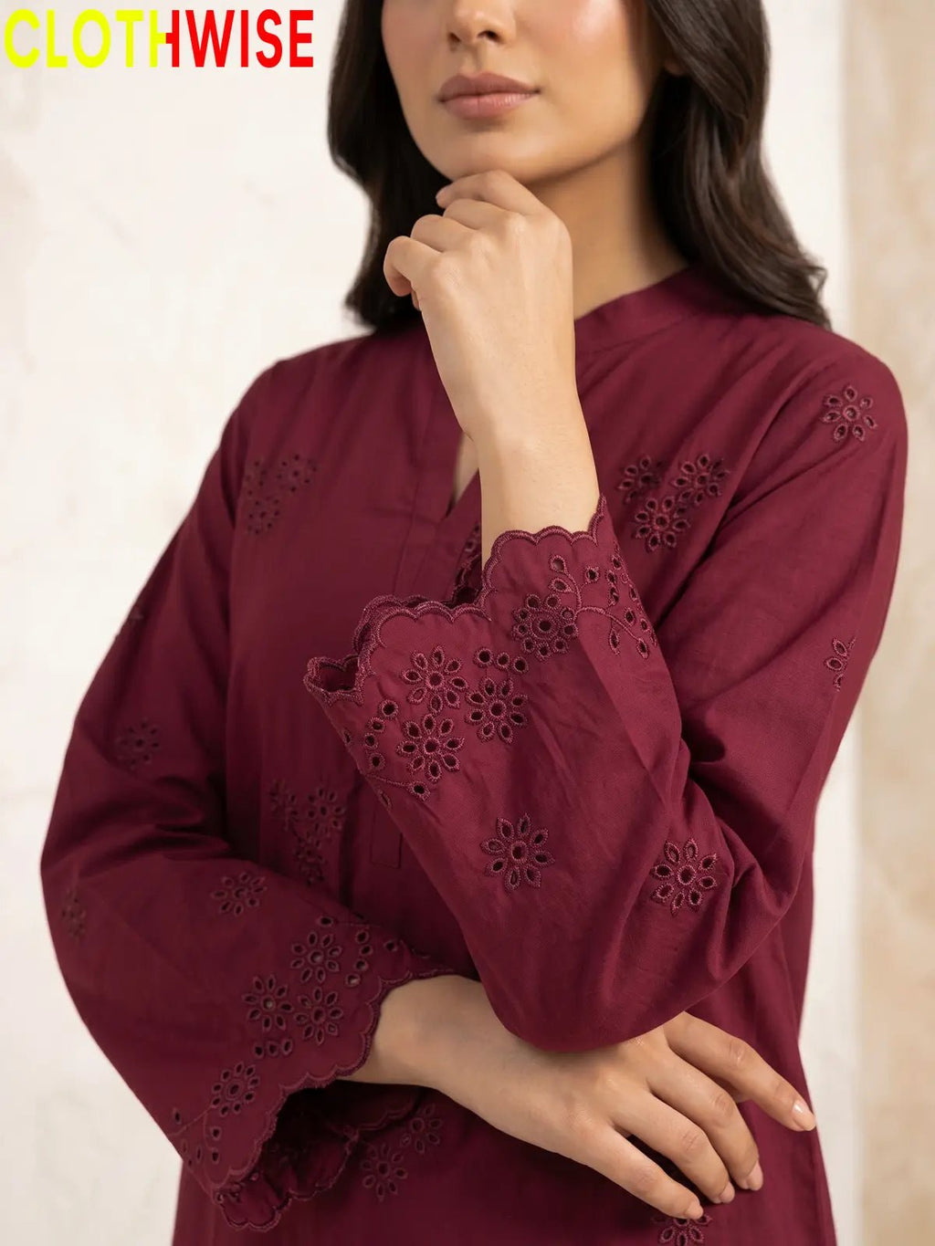Zimal Maroon Cotton Co-ord Set - Chiken Kari Embroidered 2Pc Suit - Pakistani Women Pret | CLOTHWISE