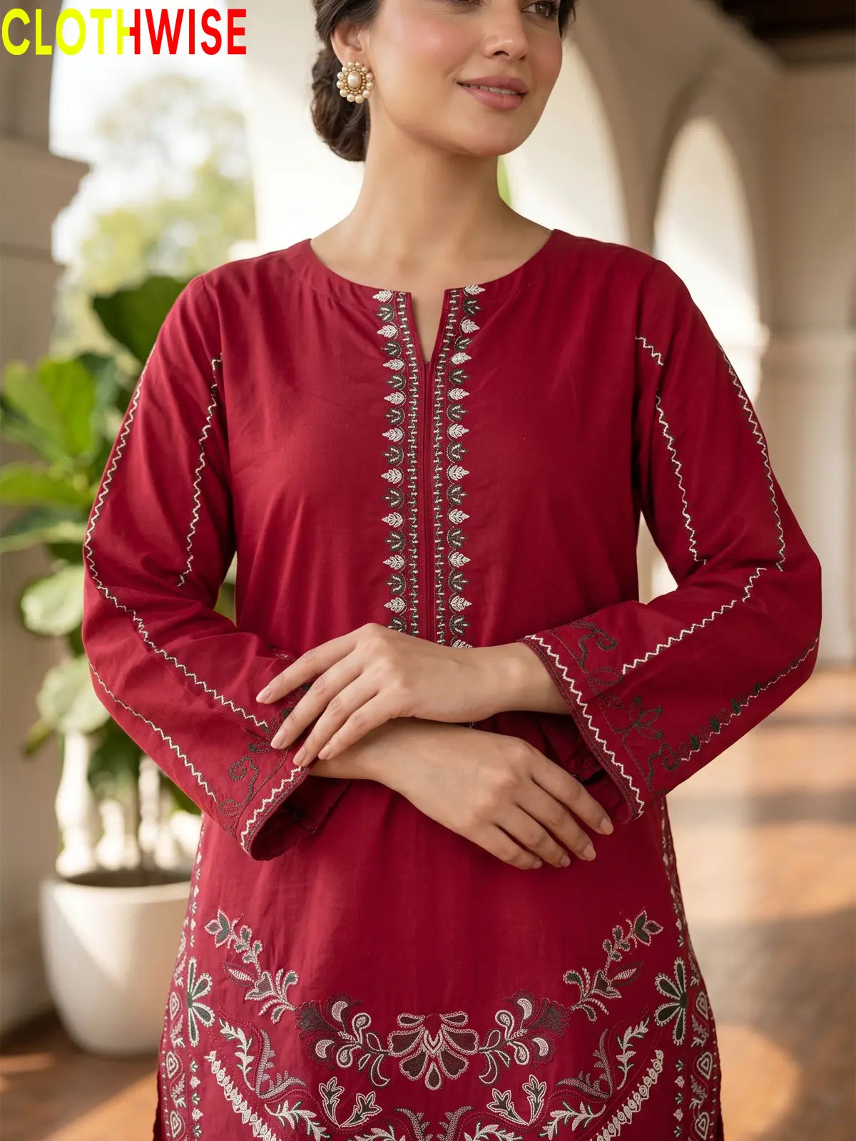Naqsh Maroon embroidered 2-piece cotton suit - close up embroidery detail