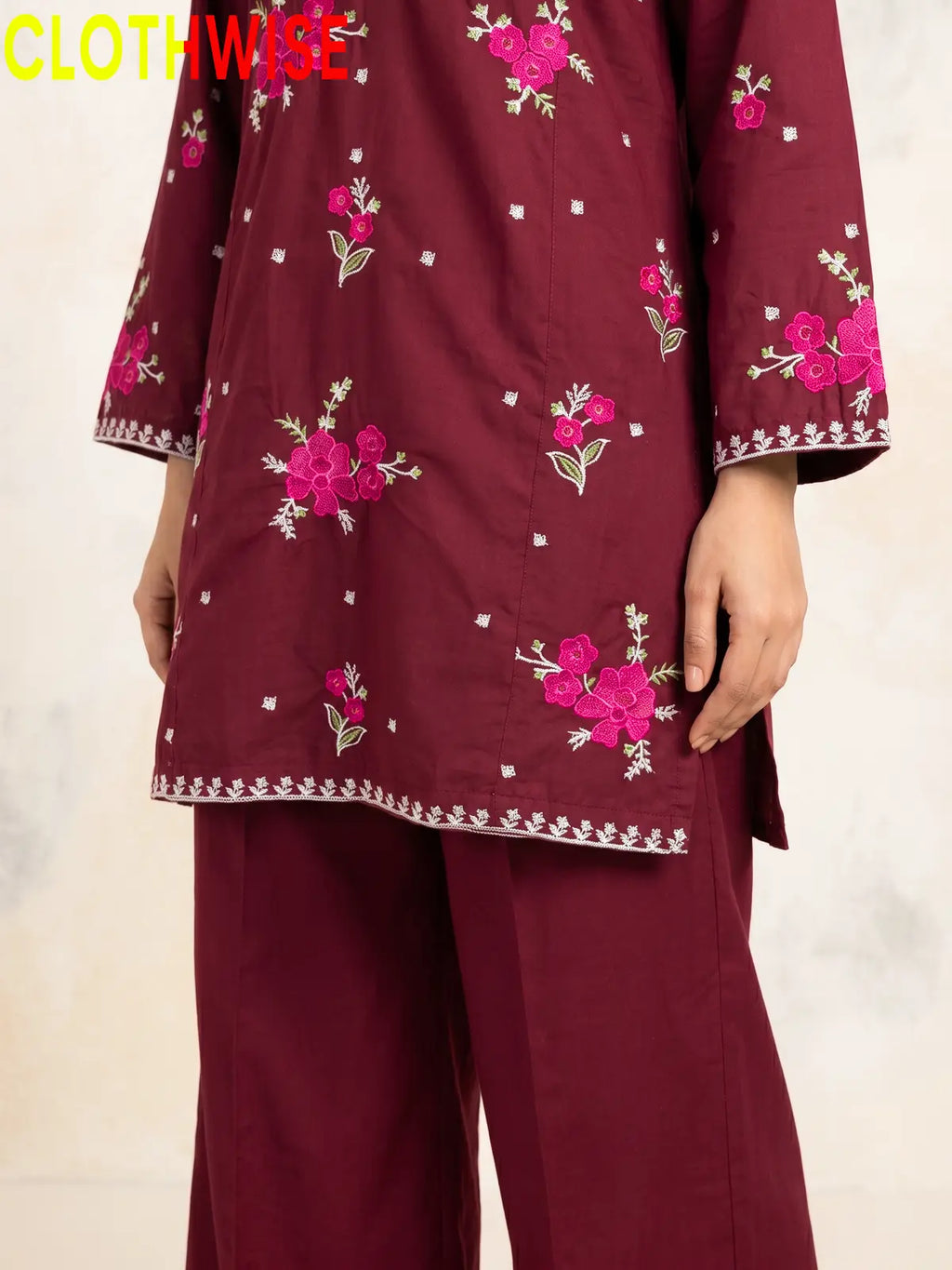 Marias Maroon embroidered co-ord set - daman closeup - CLOTHWISE