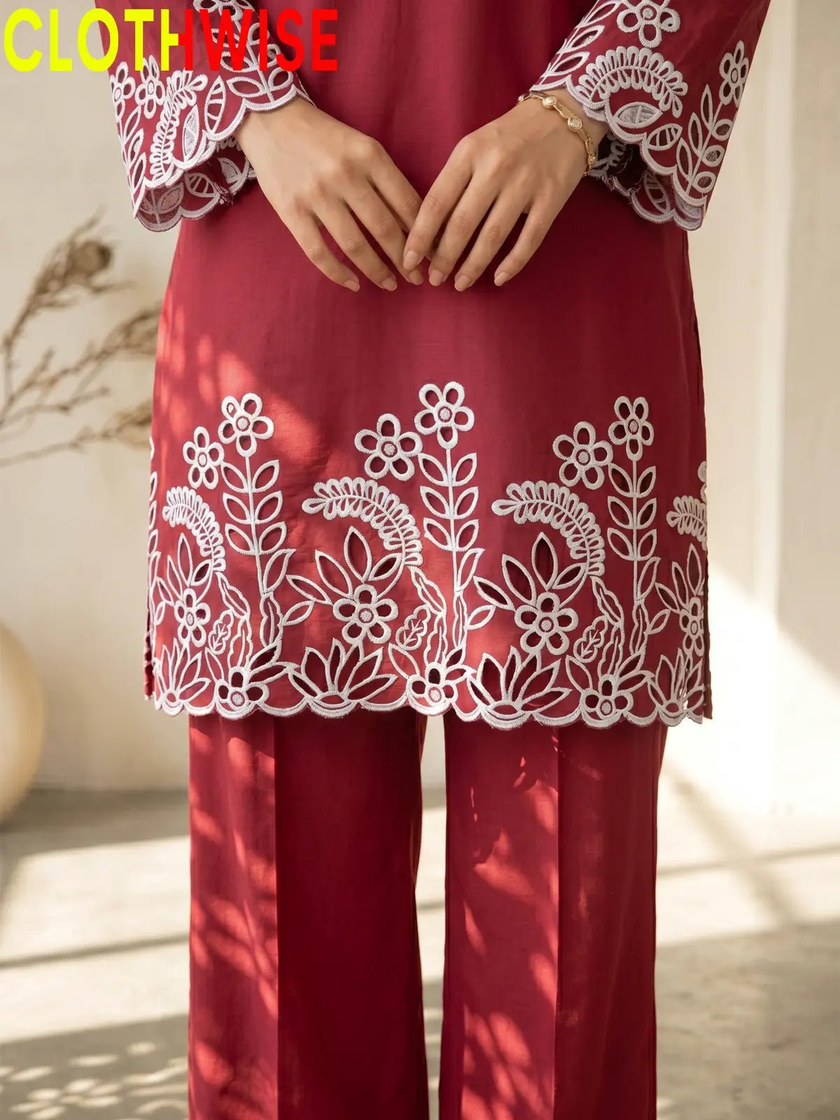 Flora Reign Maroon - 2 Pc Embroidered Cotton Co-ord Suit - Pakistani Women Pret | CLOTHWISE
