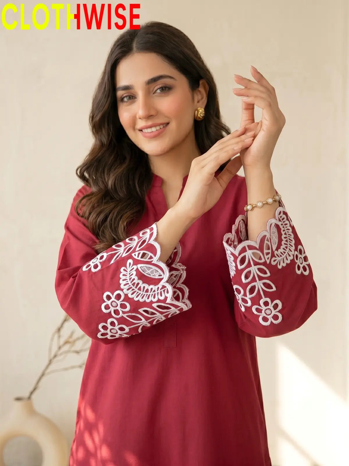 Flora Reign Maroon - 2 Pc Embroidered Cotton Co-ord Suit - Pakistani Women Pret | CLOTHWISE