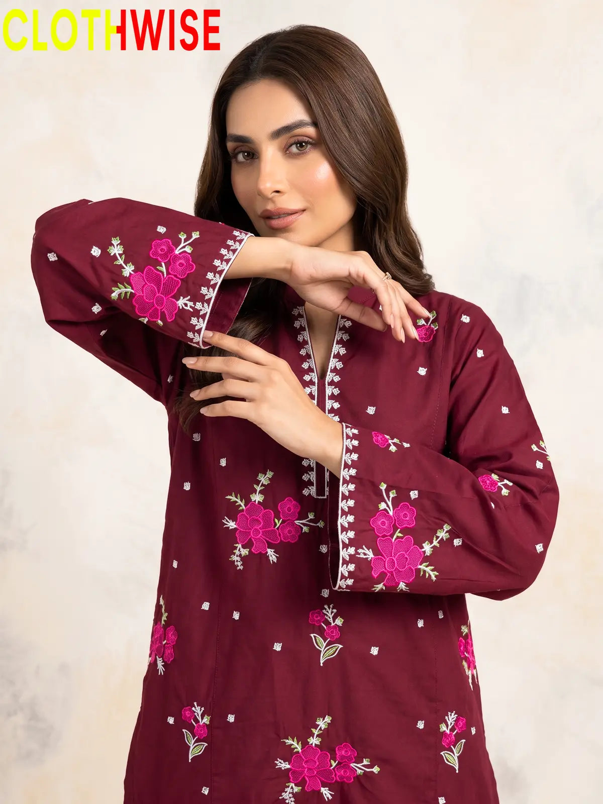 Marias Maroon embroidered co-ord set - sleeves closeup - CLOTHWISE