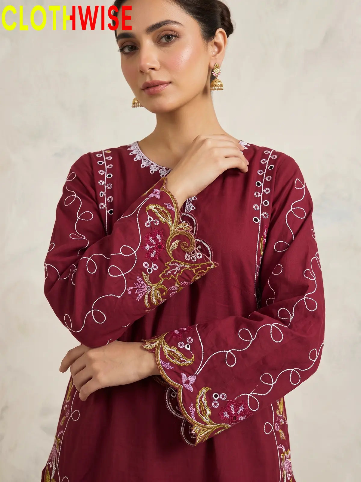 Haseen Maroon embroidered lawn suit - sleeve embroidery close-up