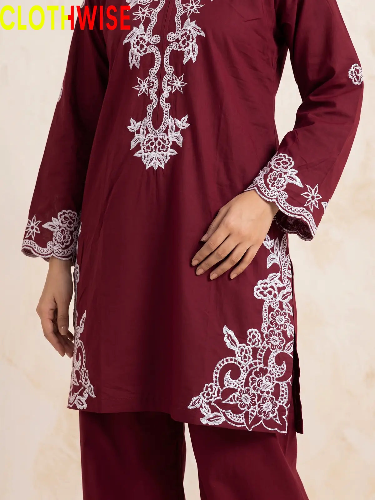 Muskaan Maroon Suit – Printed Flapper Daman Close-up